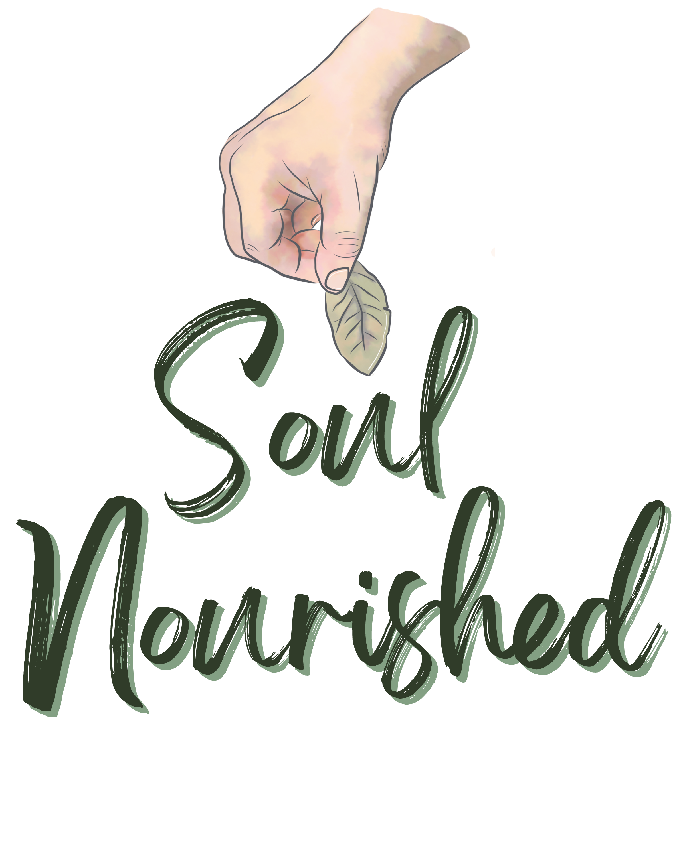 Soul Nourished logo featuring a hand gently holding a green bay leaf above watercolor script text
