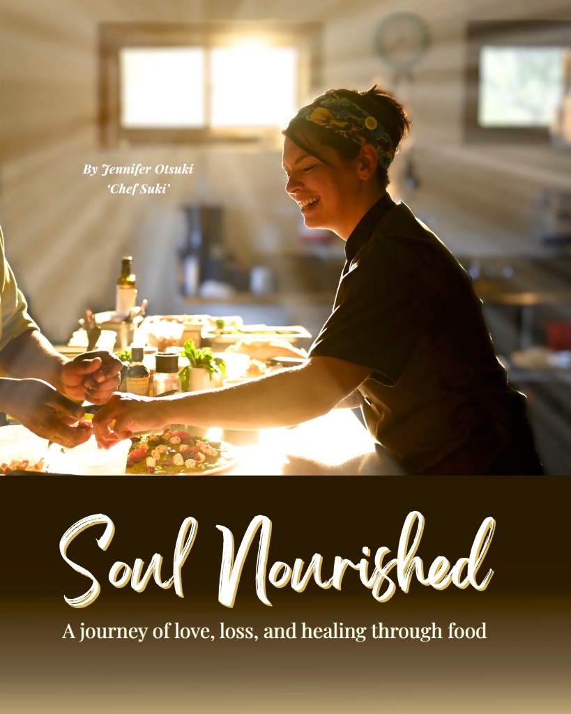 Soul Nourished cookbook cover by Chef Jennifer Suki Otsuki featuring the author plating food in a warmly lit kitchen.