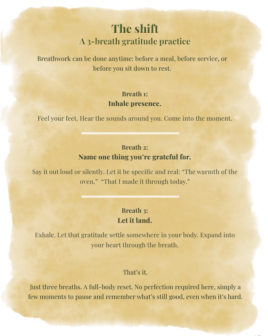 Excerpt and practice from the Soul Nourished cookbook featuring reflections on gratitude and a three-breath mindfulness practice called “The Shift,” designed to encourage presence, nourishment, and intentional living.